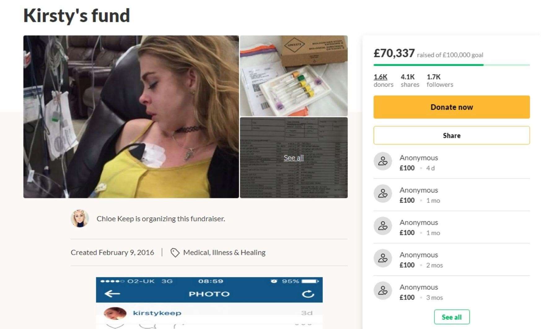 Kirsty is still battling the disease. Picture: GoFundMe