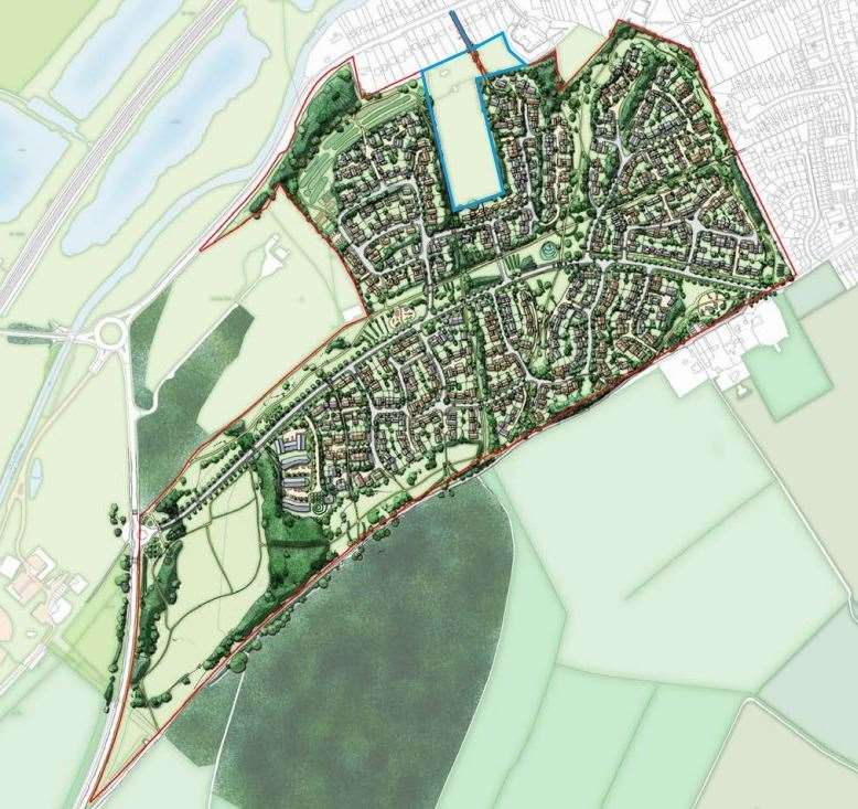 The area outlined in blue is the land which Quinn Estates hopes to expand into housing