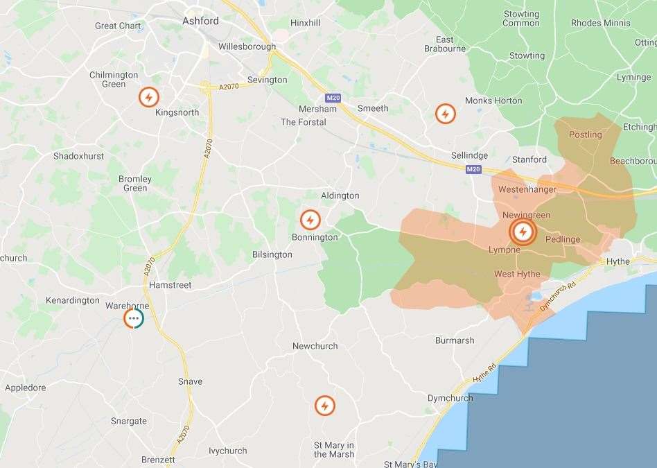 Radiating from the Bonnington fault, the outages have been experienced as far away as the Romney Marsh and Hythe. Picture: UK Power Networks (19437471)