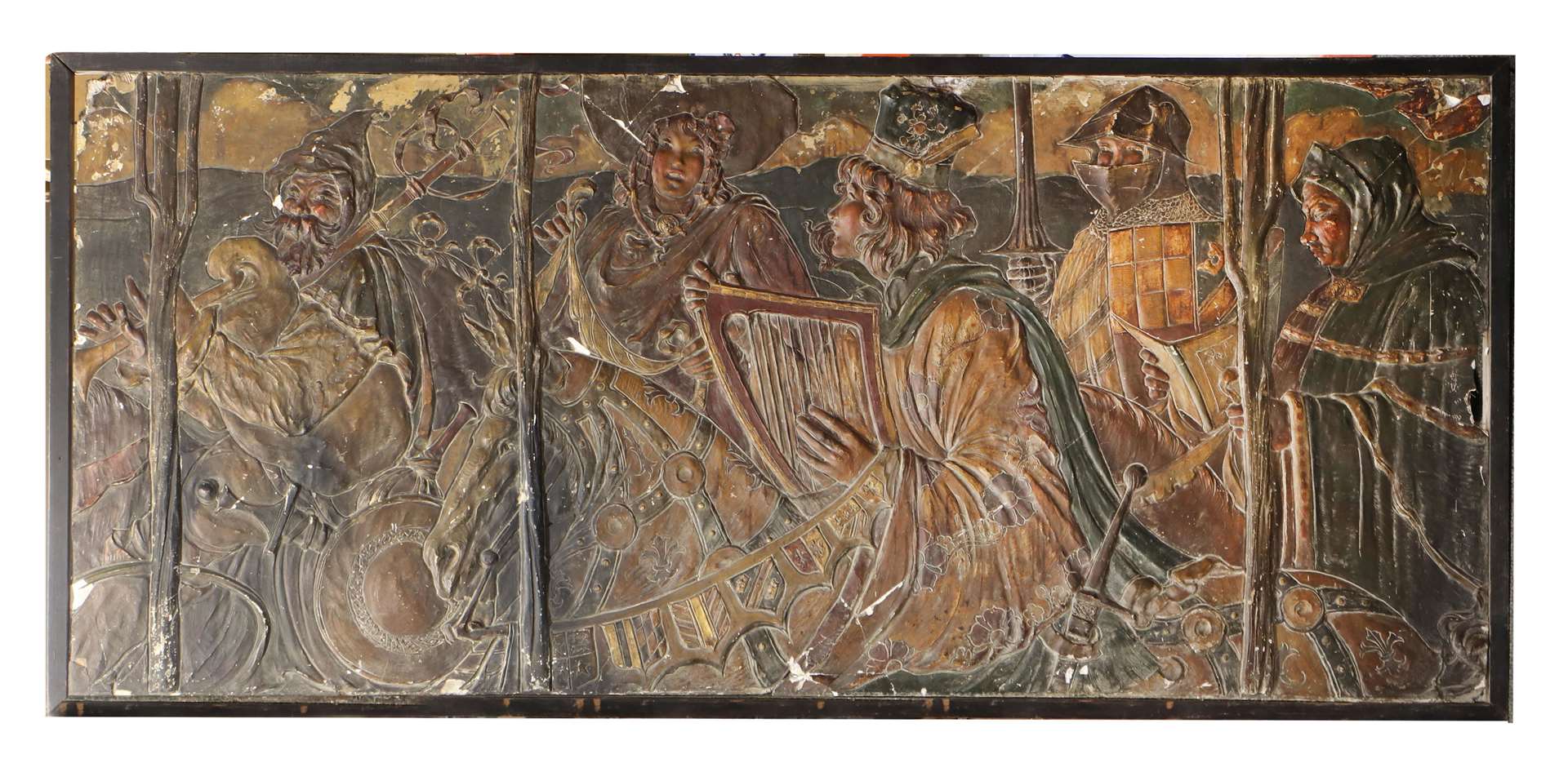 Historic panel illustrating part of Chaucer's Canterbury Tales. It shows Miller with his bagpipe, the Wife of Bath with her 'gap tooth', the Squire playing a harp, the Knight and the Friar. It is to be auctioned and has a guide price of £300 to £500. Picture: Sworders Fine Art Auctioneers