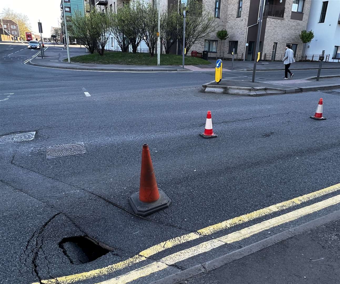 A large hole has opened up in Somerset Road, Ashford. Photo: Steve Salter
