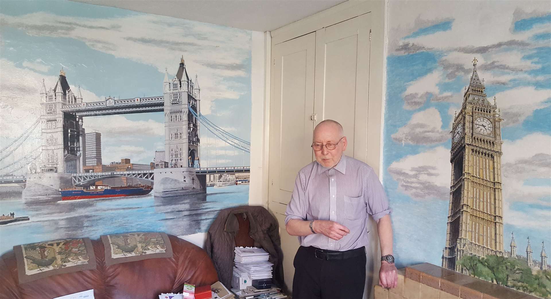 Bob Hall in his flat at Priory Mews care home, Dartford, where he painted the walls with something different