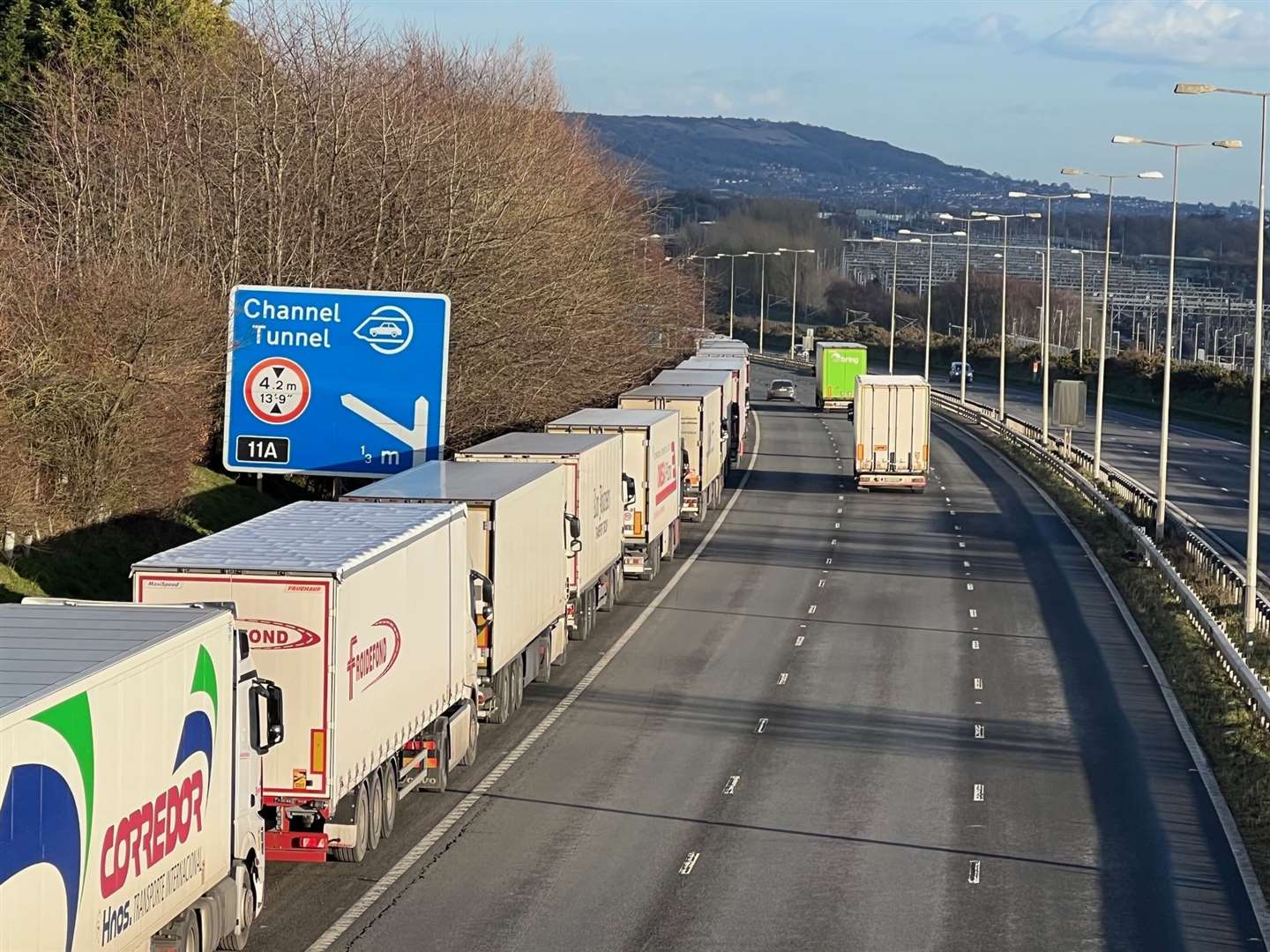 Lorries queuing on the approach to the Channel Tunnel terminal in Folkestone as delays hit the port due to strikes in France. Picture: Barry Goodwin