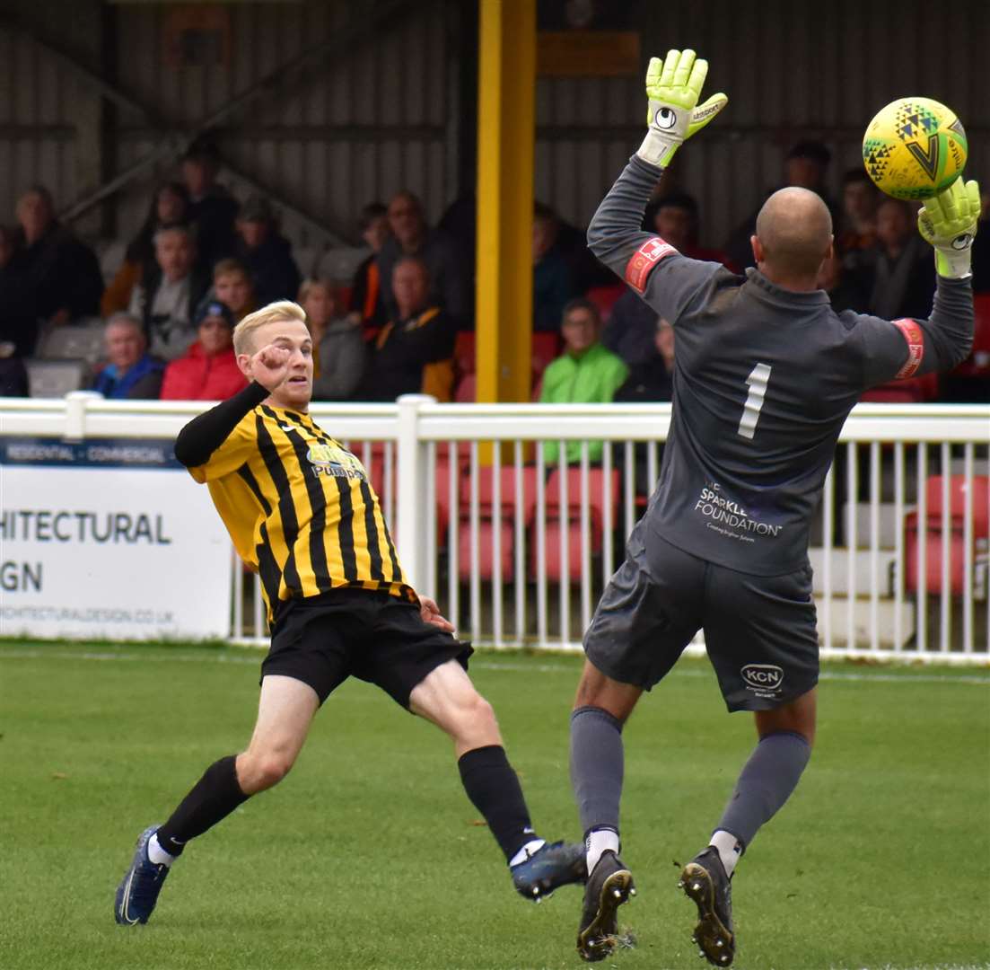 The incident which led to the early sending off of the Kingstonian goalkeeper, Rob Tolfrey, during Folkestone's 5-1 win over Kingstonian last weekend. Picture: Randolph File