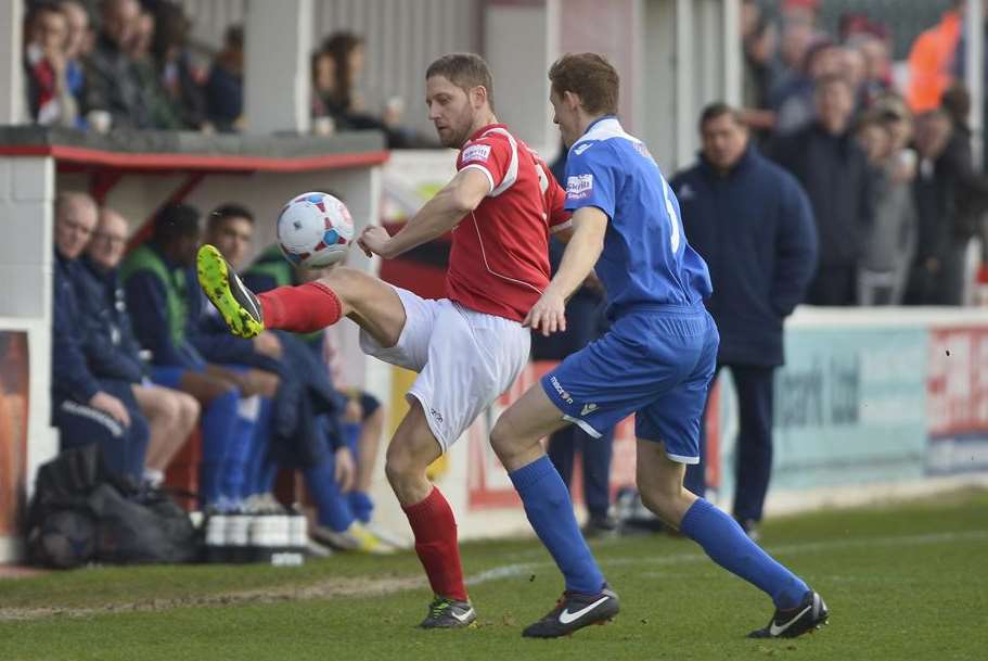 Ebbsfleet goalscorer Ben May helps the ball on (Pic: Andy Payton)