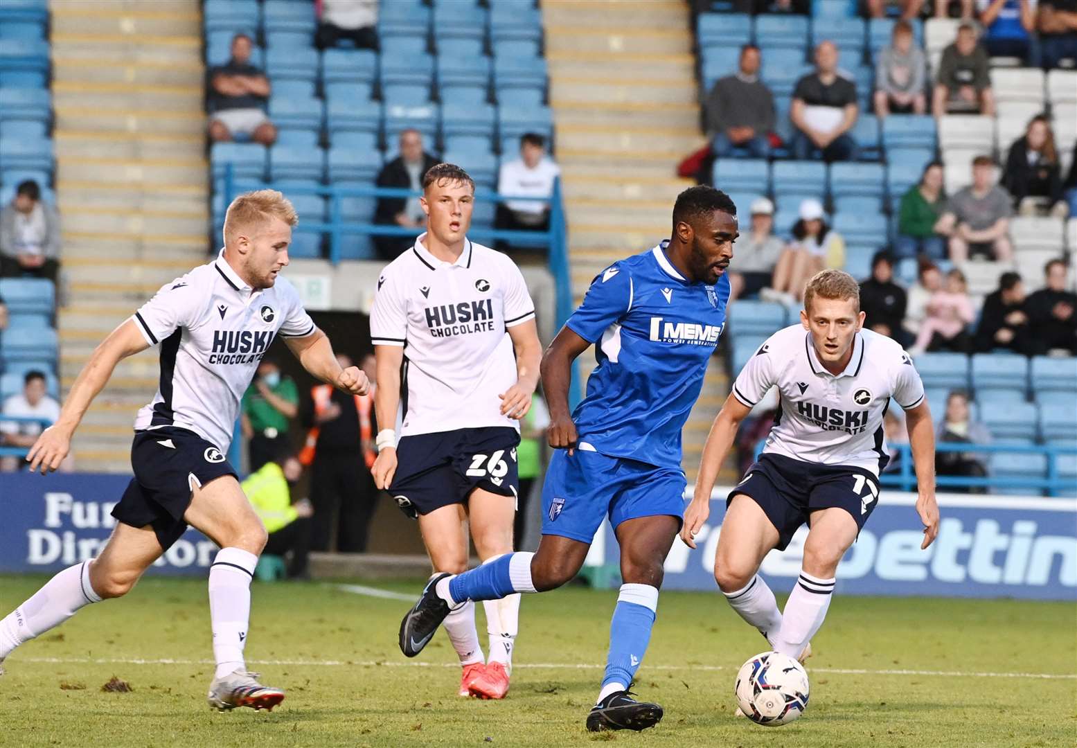 Mustapha Carayol in action for Gillingham against Millwall Picture: Barry Goodwin