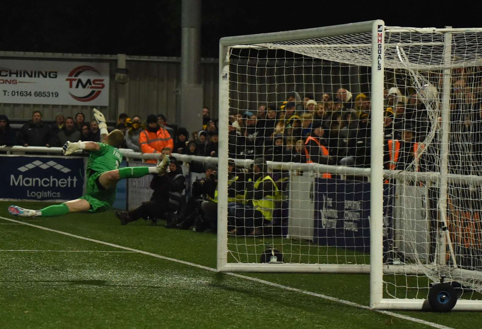 Bivesh Gurung's screamer flies into the top corner as Maidstone upset League 2 Barrow in the FA Cup. Picture: Steve Terrell