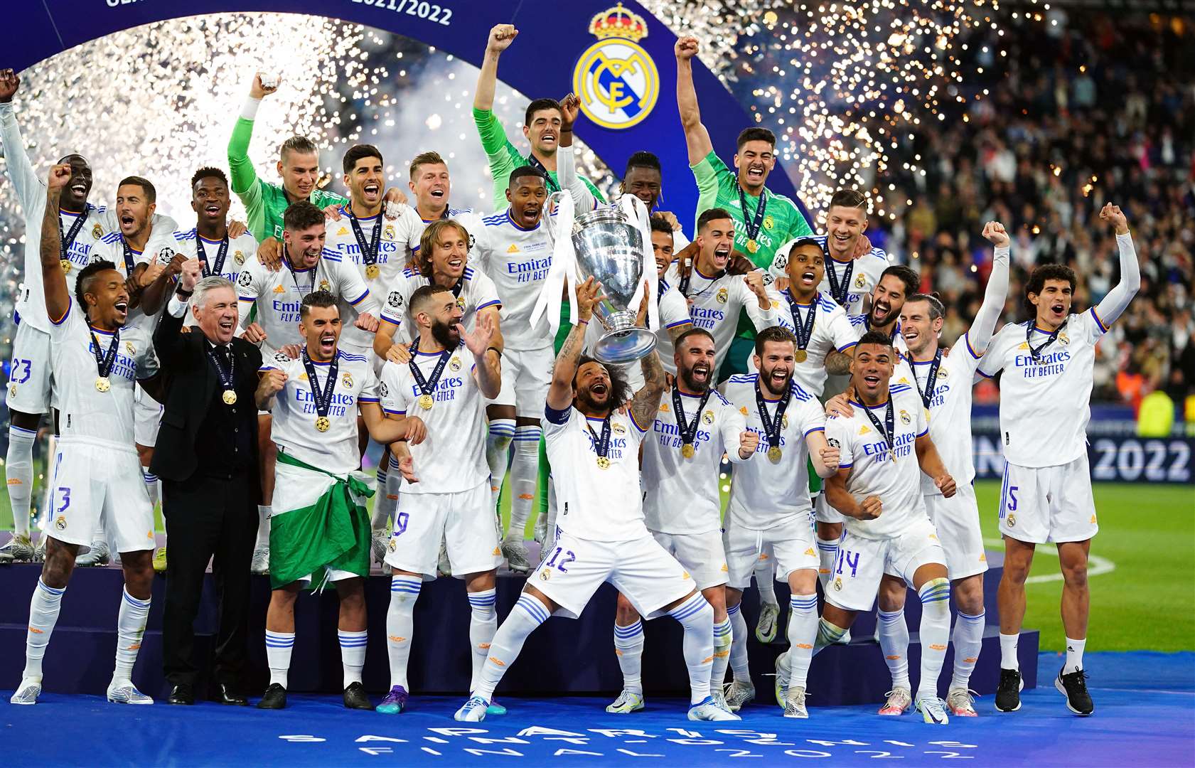 Real Madrid’s Marcelo lifts the trophy after the 1-0 victory (Adam Davy/PA)
