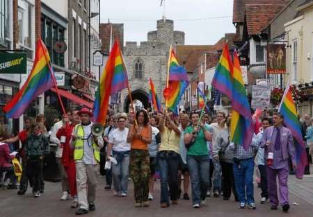 A colourful sight as marchers parade along the High Street. Picture: BARRY DUFFIELD