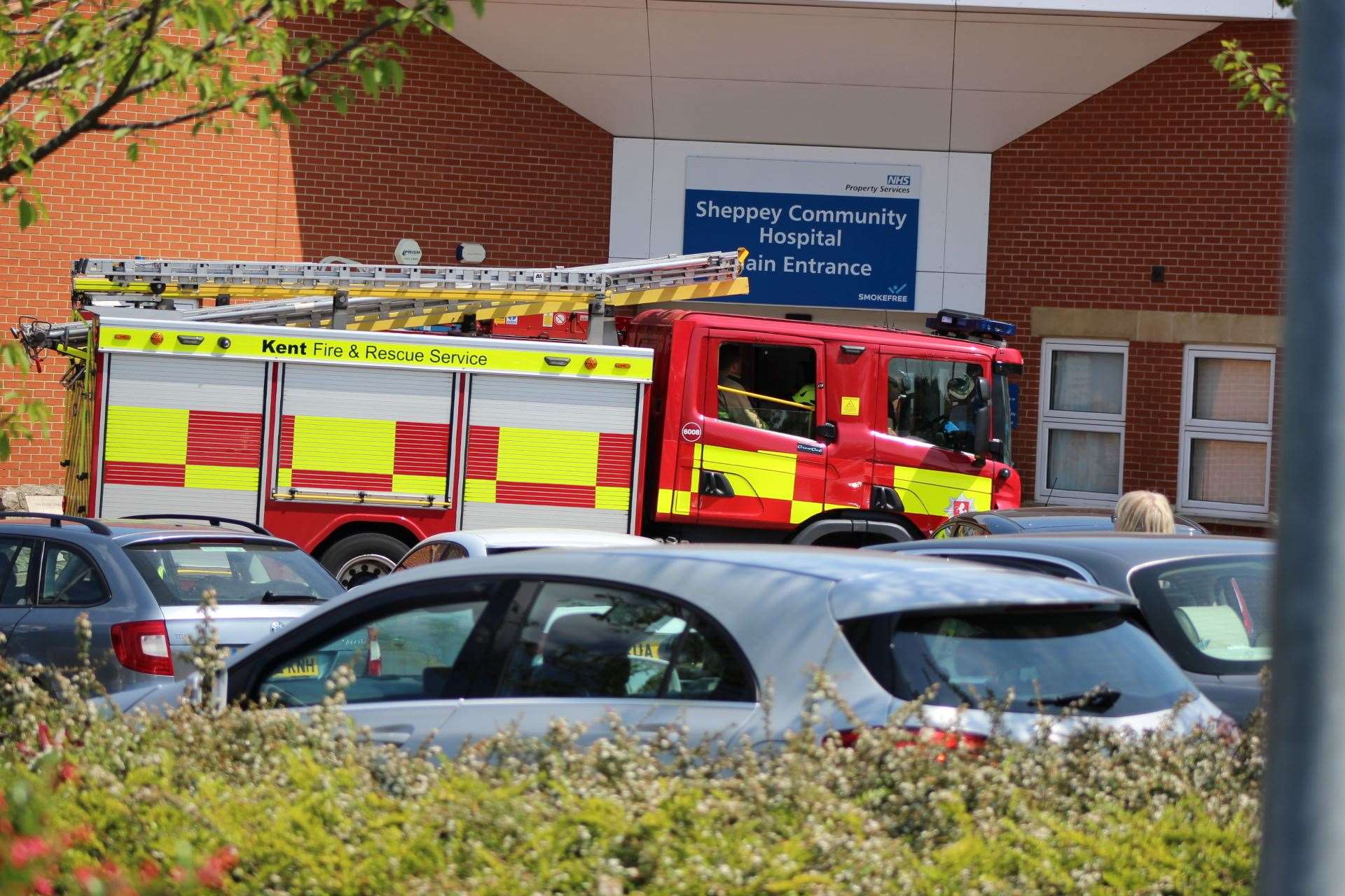Fire engine outside the entrance of Sheppey Community Hospital