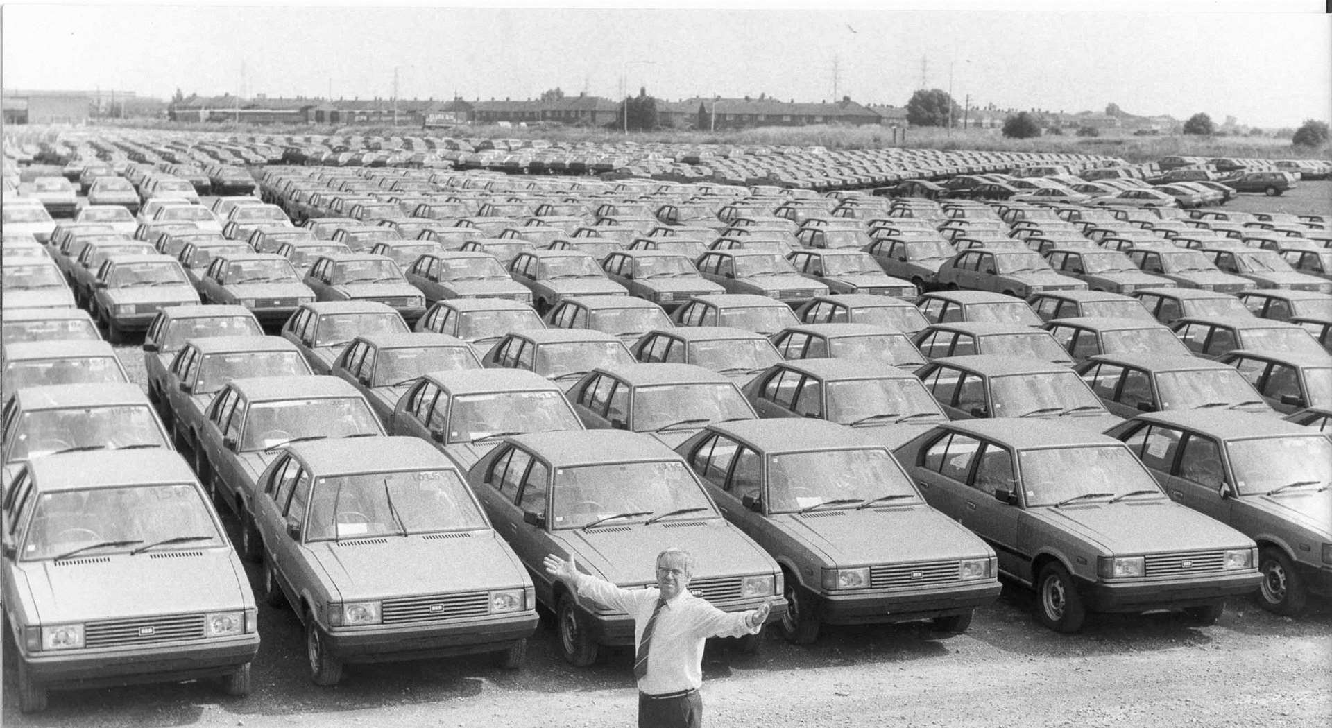 Hundreds of new cars being stored at Sheerness Docks in July 1984