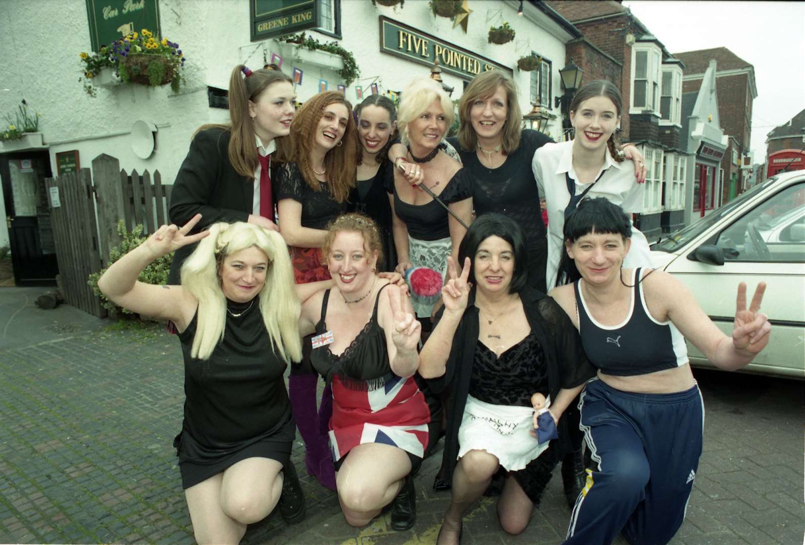 Staff at the Five Pointed Star pub in West Malling dressed up as the Spice Girls for Comic Relief in March 1999