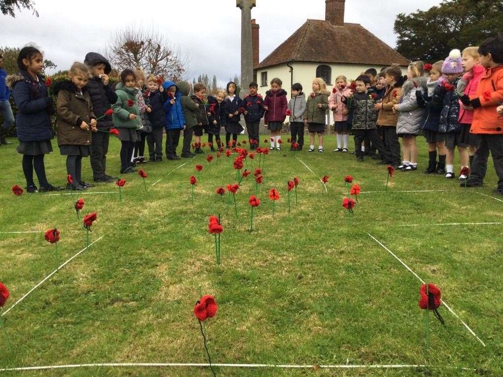 Hundreds of hand-knitted poppies were laid at Cobham War Memorial by school children