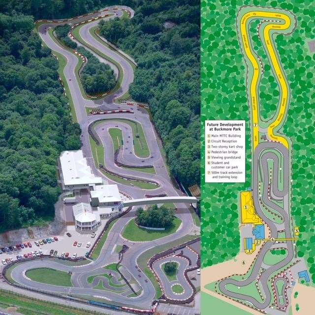 How Buckmore would have looked if its 300-metre extension was built. Malvern says Surtees also had plans to clear part of the woodland on the shelf above the circuit to use it as a paddock