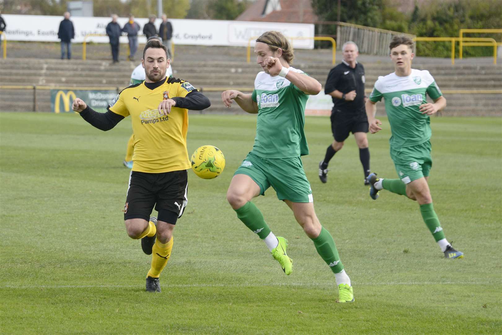 Ronnie Dolan challenges for the ball in Folkestone's win over Leatherhead Picture: Paul Amos