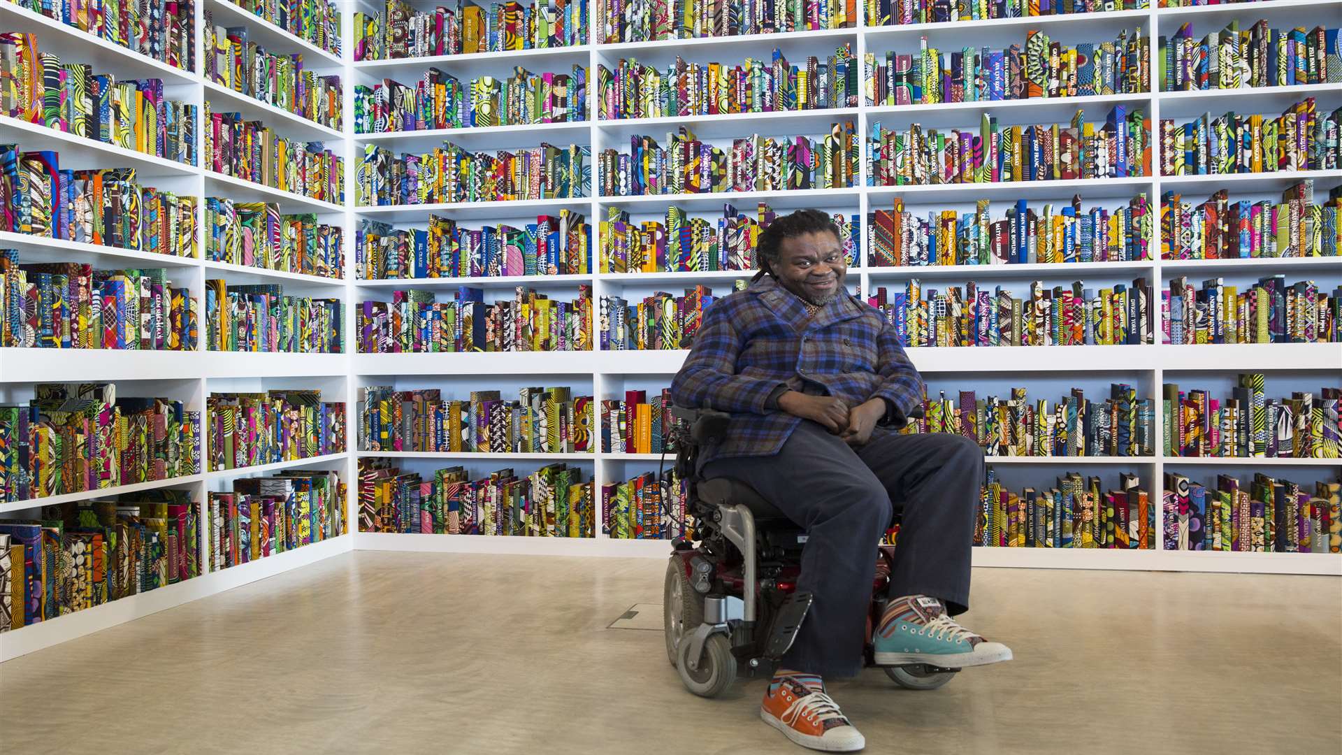 Yinka Shonibare MBE in front of his work The British Library, 2014 on show at Turner Contemporary until October 30, 2016. Photo: John Phillips/Getty Images for 14-18 NOW