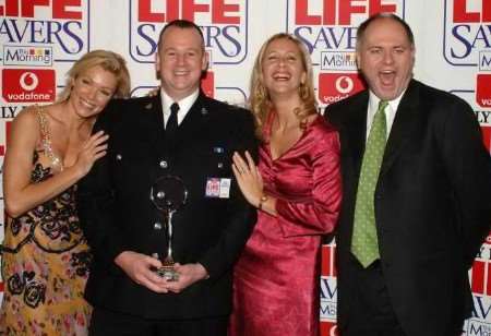 Pictured, left to right, Nell McAndrew, Insp Elmes, Tania Bryer and Tim Miles, CEO Vodafone Ltd