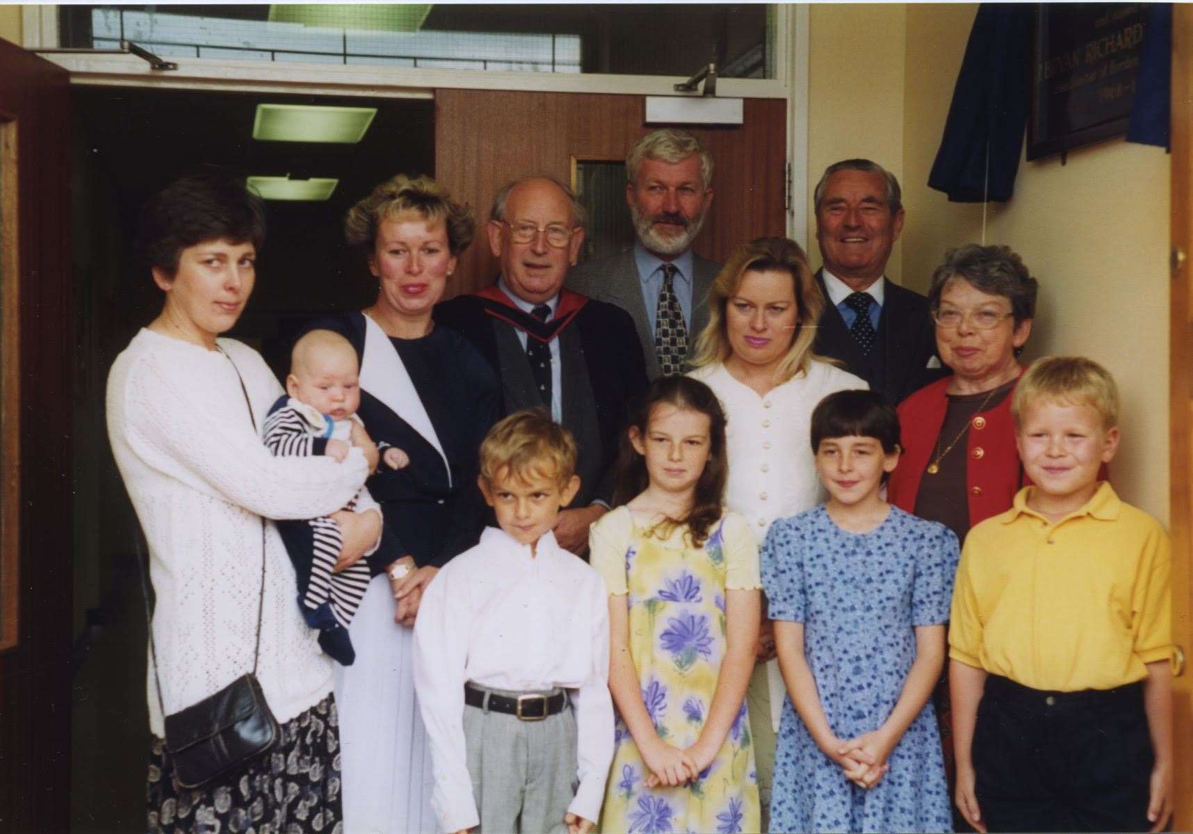 Bryan Short at the opening of the Short block at Borden Grammar in 1998, with Lord Kingsdown, and Mr Short's wife Jeannine on the right in red, with other members of his close family