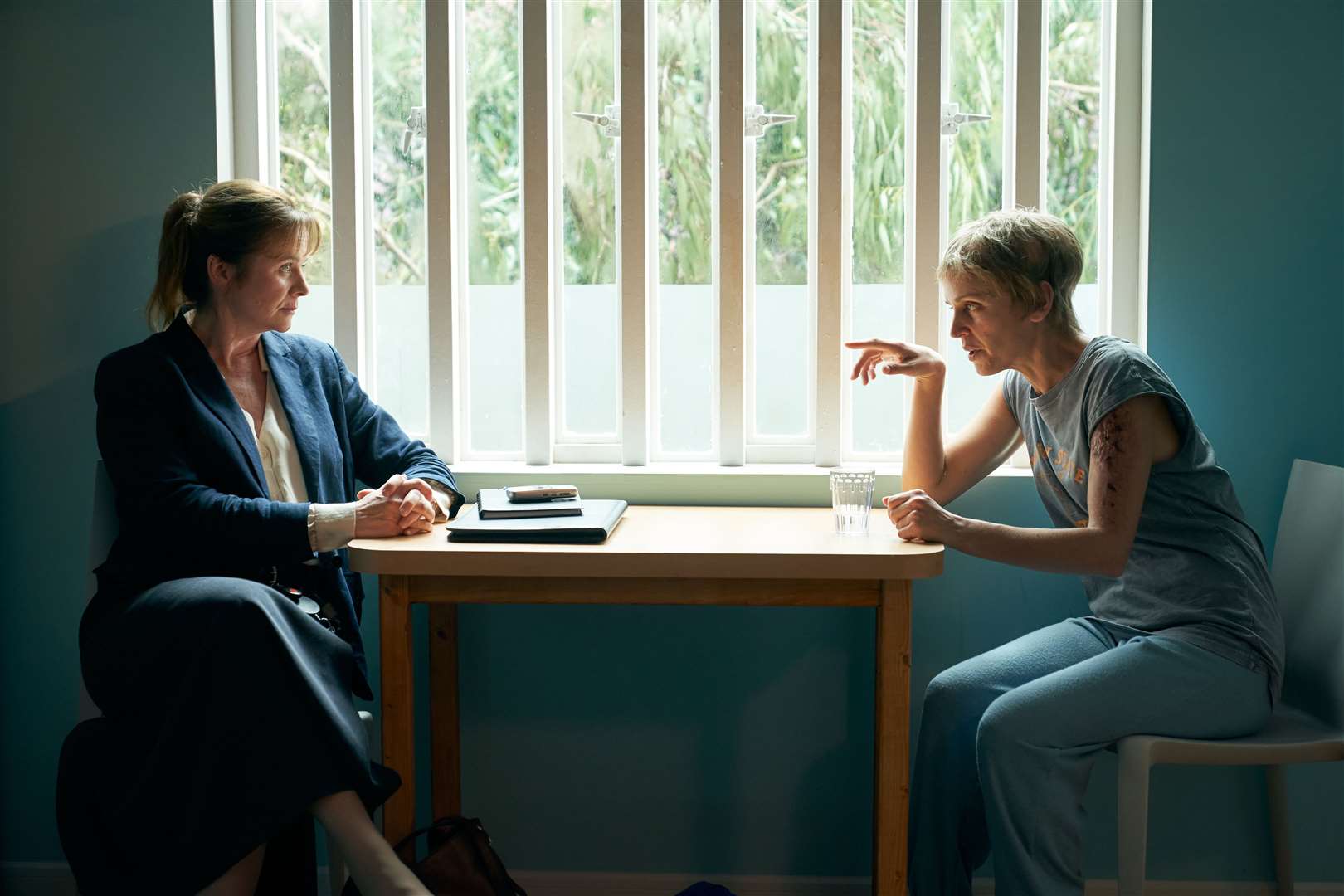 Emily Watson as Dr Emma Robertson with Denise Gough as Connie Mortensen in Too Close. Picture: ITV