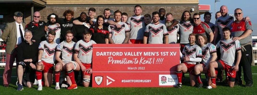 Dartford Valley celebrate their promotion to Kent 1 after beating Greenwich 101-0 in their final game of the season