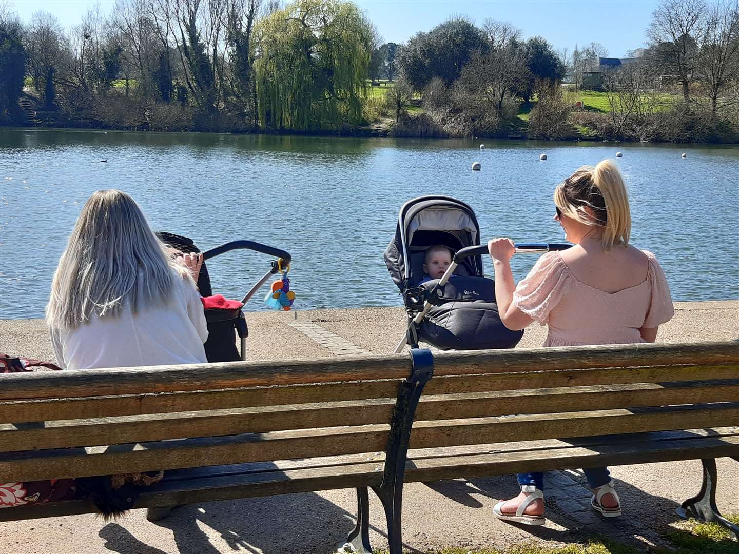 Chloe Hutchfield and Penny Shepherd with their nine-month-olds in Mote Park, Maidstone
