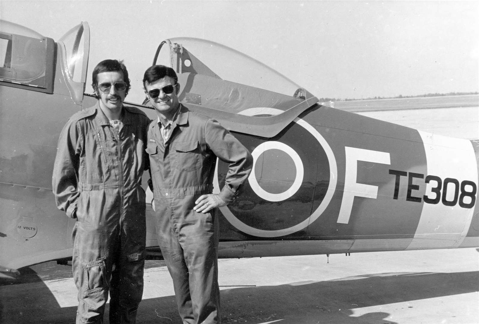Peter Arnold alongside colleague Don Plumb next to Spitfire TE308 which was the first plane Peter flew in 1972 in Ontario, Canada