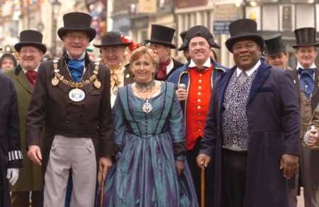Medway Mayor Cllr David Carr and friends at the start of the Dickens Festival