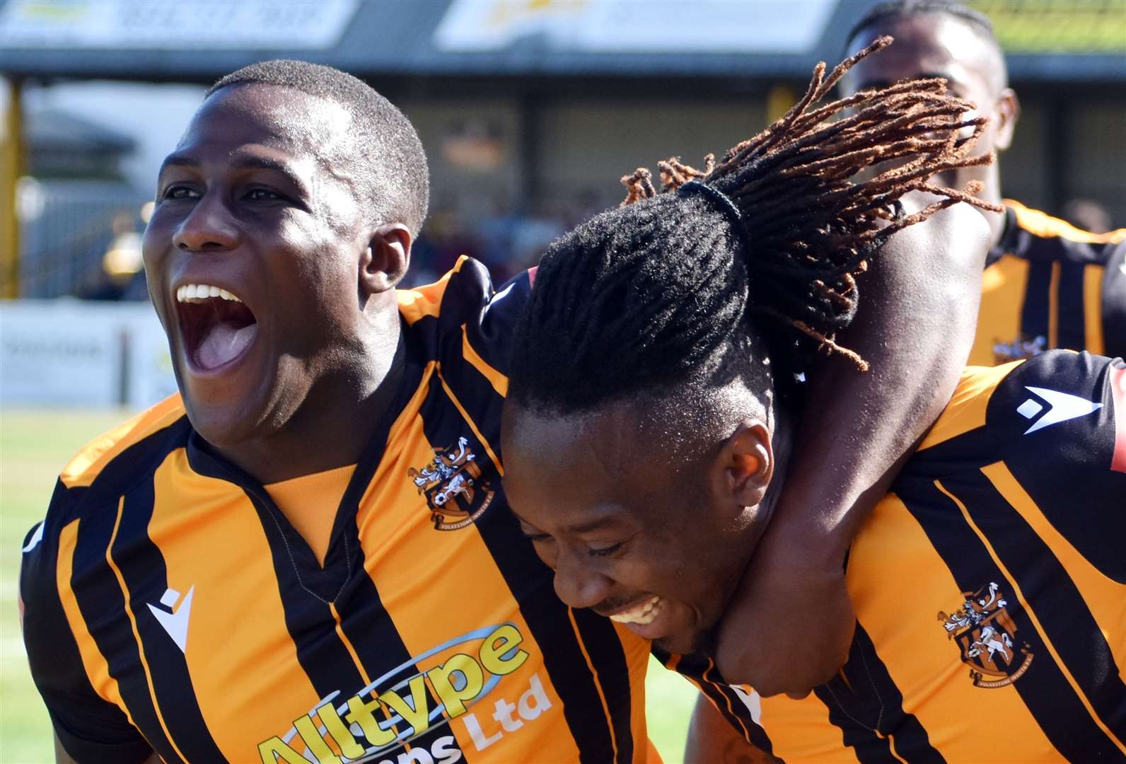 Folkestone's Ade Yusuff, left, scored twice in their midweek league defeat to Cray Wanderers. Picture: Randolph File