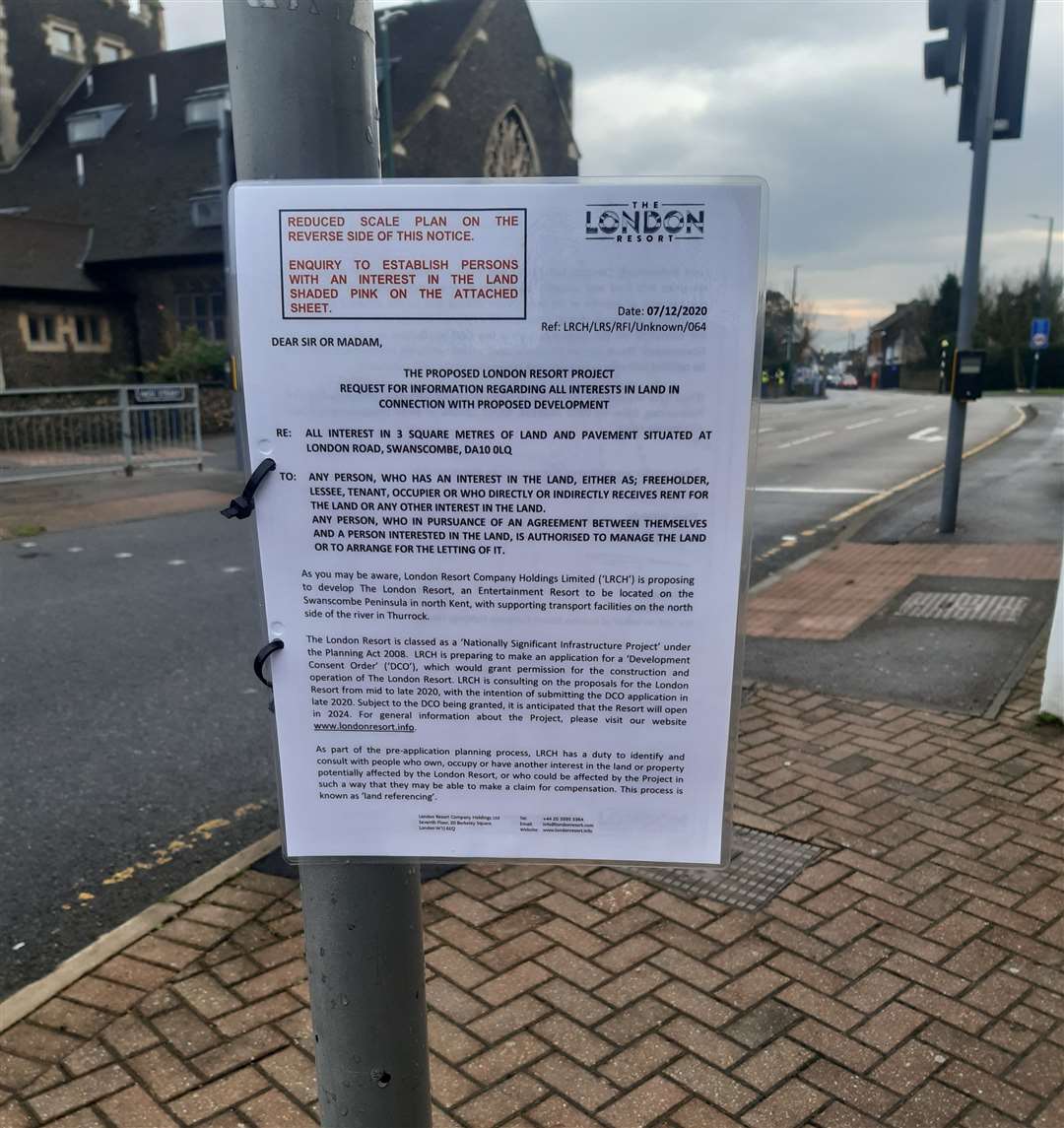 A London Resort request for interested landowners has been pinned outside the George and Dragon pub in Swanscombe