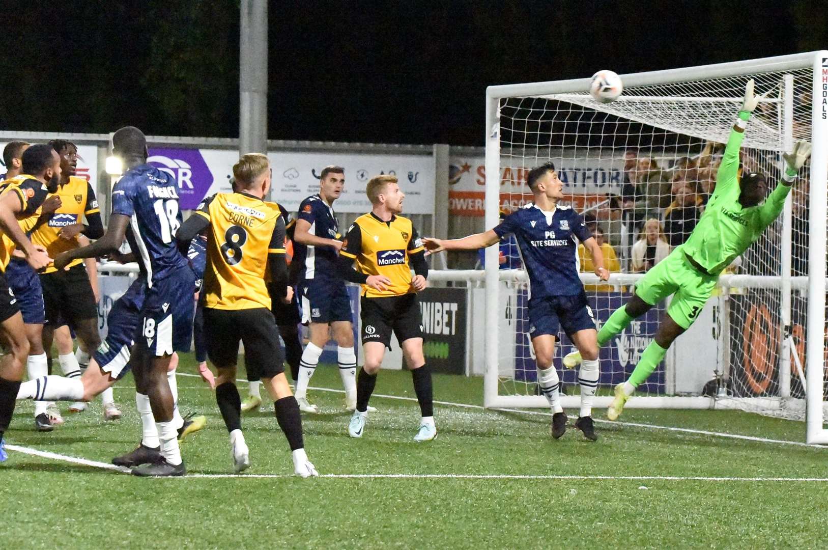 Reiss Greenidge hits the woodwork against Southend on Tuesday night. Picture: Steve Terrell