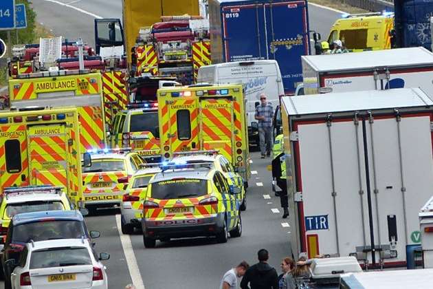 Emergency vehicles at the scene of the M20 crash. Picture: @Kent_999s