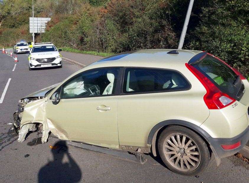 The car hit a lamppost on the A21 near Lamberhurst. Photo credit: Kent Police