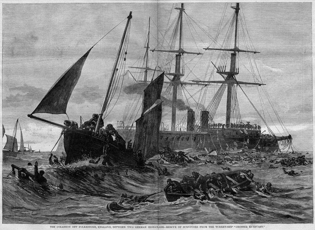Rescuers recovering survivors from the sinking of SMS Grosser Kurfürst which sank off Folkestone in Kent in 1878. Copyright: Image via wikipedia and provided by Historic England