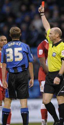 Callum Davies sent off for Gillingham against Crewe November 13 2010