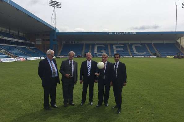 Cllr Howard Doe, Cllr Rodney Chambers, Gills chairman Paul Scally and MP Rehman Chishti on the pitch