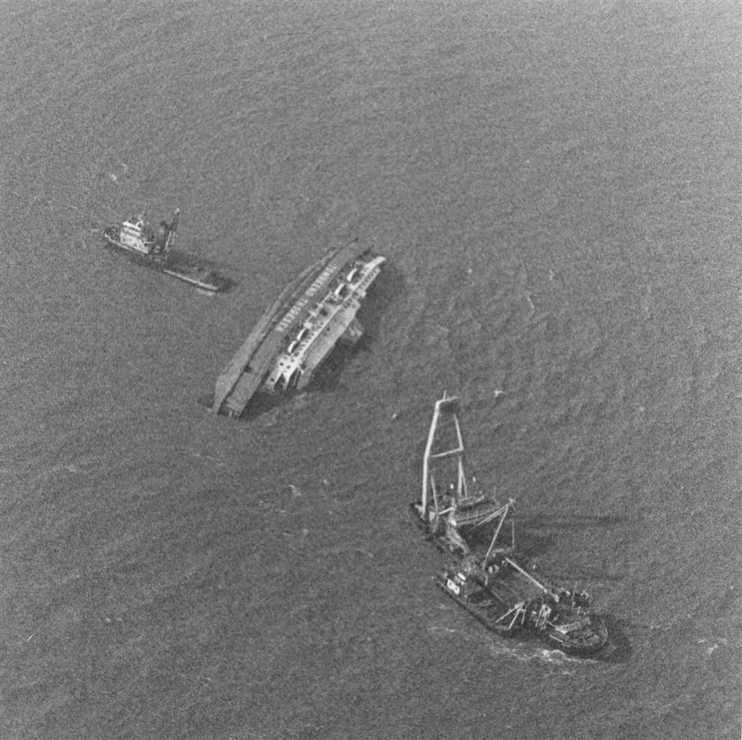 An aerial view of the Herald of Free Enterprise after it capsized just outside Zeebrugge