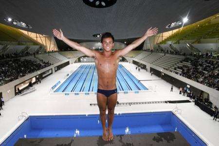 Tom Daley performs the first dive in the Aquatics Centre to celebrate 'one year to go' to the Olympic Games. Picture: LOCOG