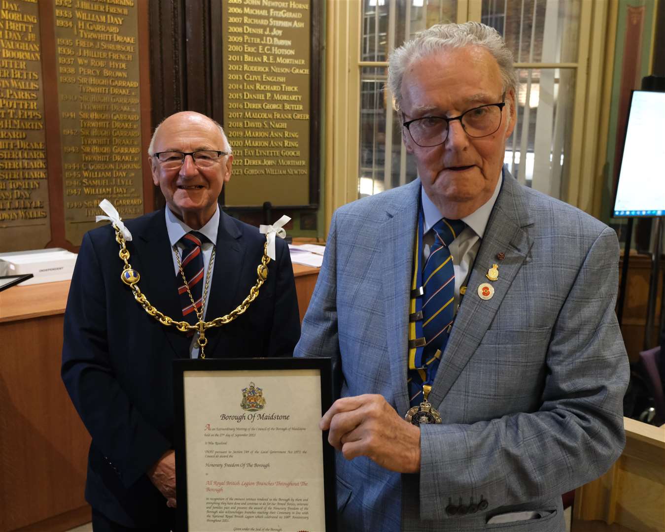 The Mayor, Cllr Gordon Newton, with Mike Fitzgerald, chairman of the Sutton Valence and District branch of the Royal British Legion, holding his Freedom certificate