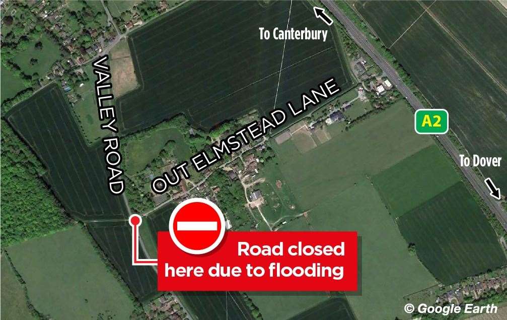The closure of the Valley Road junction means the only way in or out of Out Elmstead Lane is via the A2