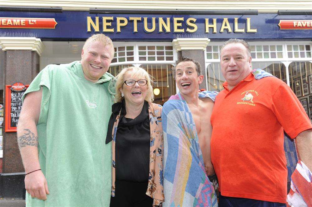 Jill Connell, Neptunes Hall landlady and New Year's Day dip organiser, with husband Ken (right) and Broadstairs pub regulars Paul Dickinson (left) and Rupert Siread.