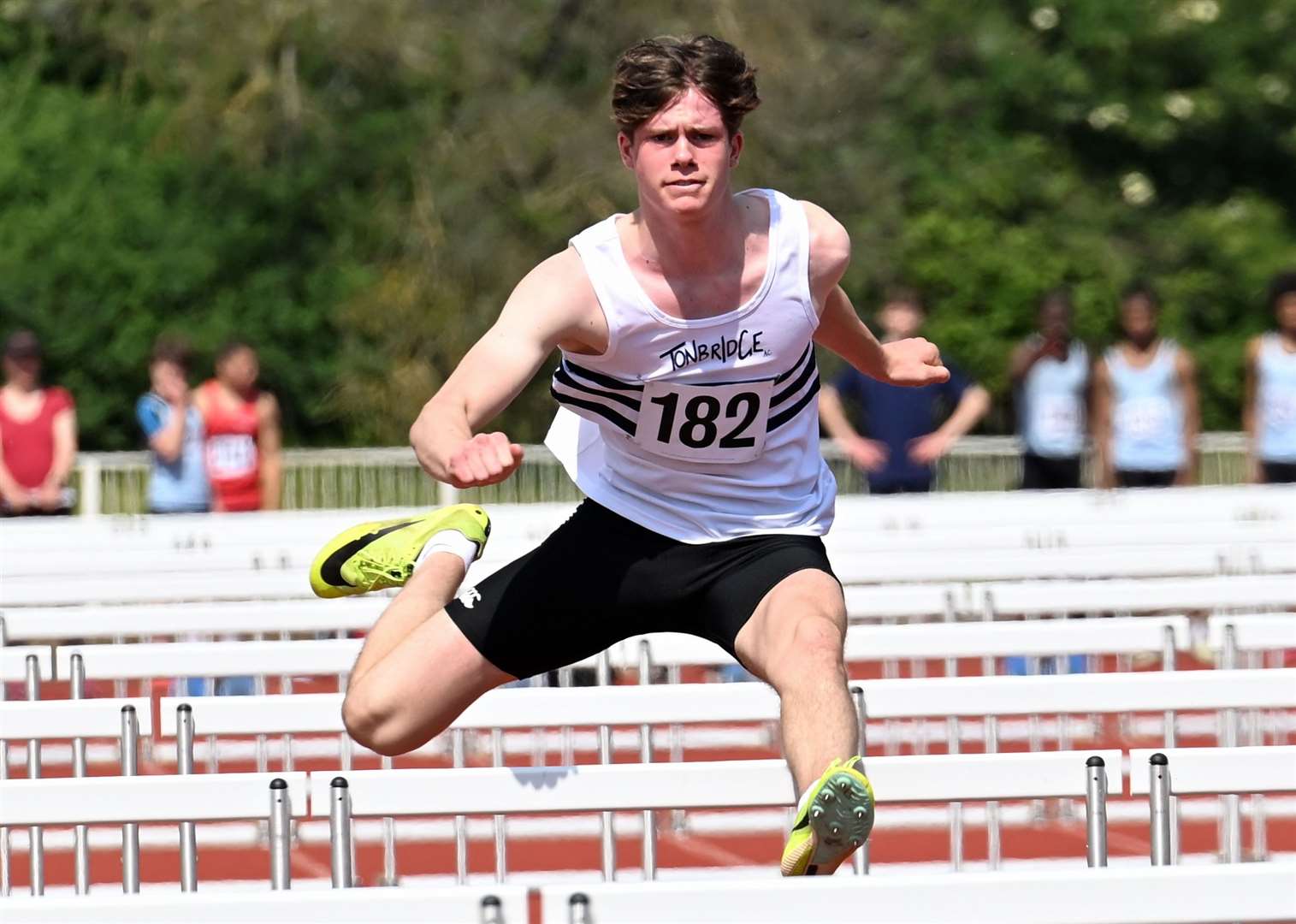 Samuel Newton (Tonbridge AC) was third in his Under-17 Men’s 100m hurdles heat. Picture: Simon Hildrew
