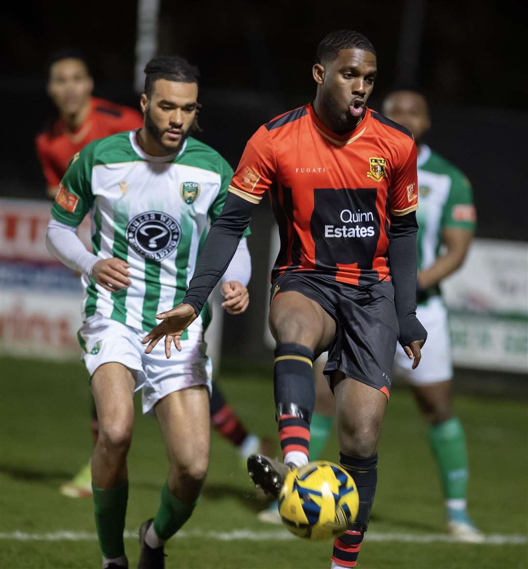 Aaron Eyoma in action during Sittingbourne's 3-1 win over VCD on Tuesday night. Picture: Ian Scammell