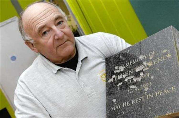 Gordon Newton, owner of The Stone Shop in East Farleigh, with the original memorial to Stephen Lawrence which was attacked with a hammer