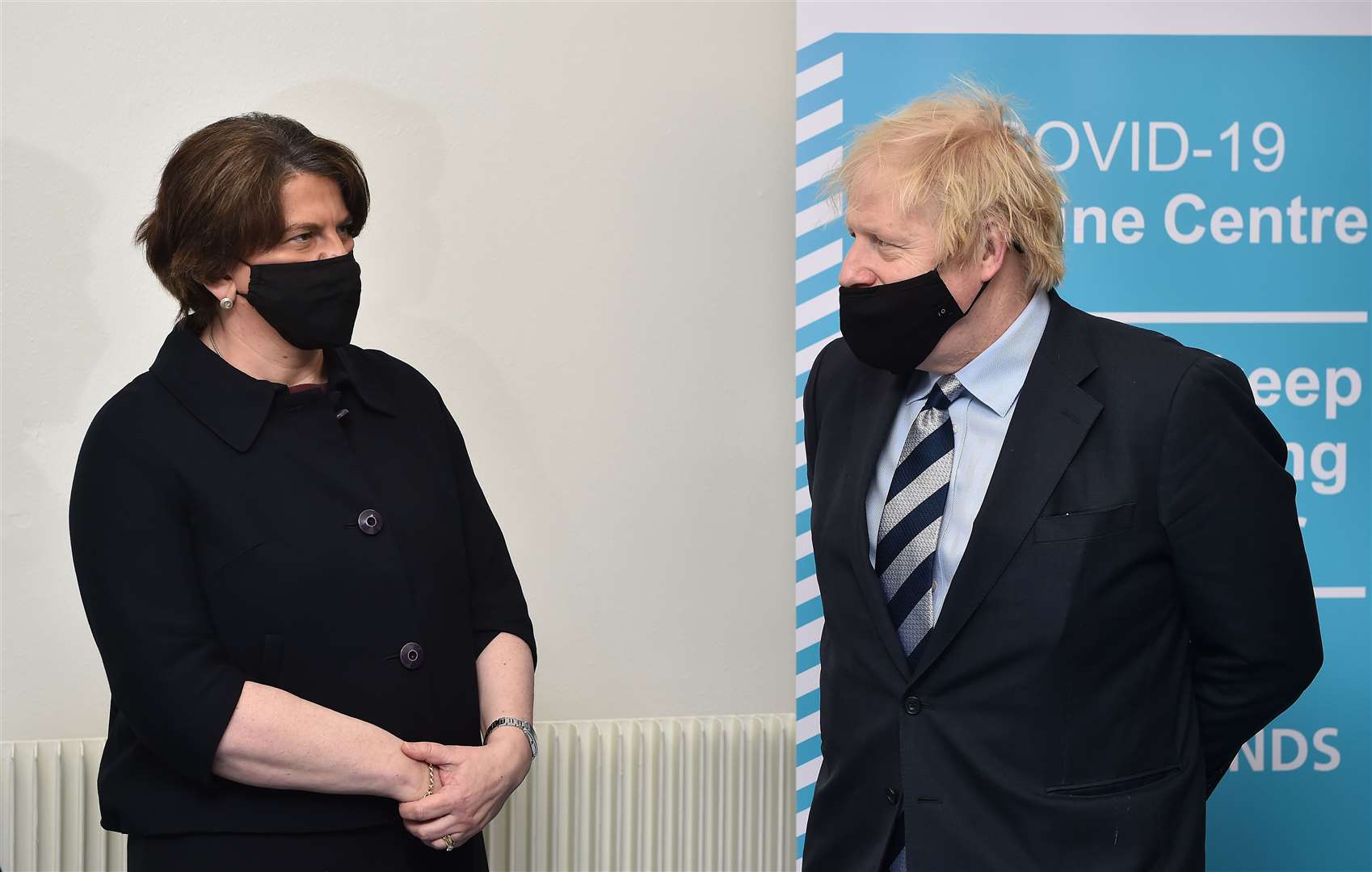 Prime Minister Boris Johnson speaks with First Minister Arlene Foster (Charles McQuillan/PA)