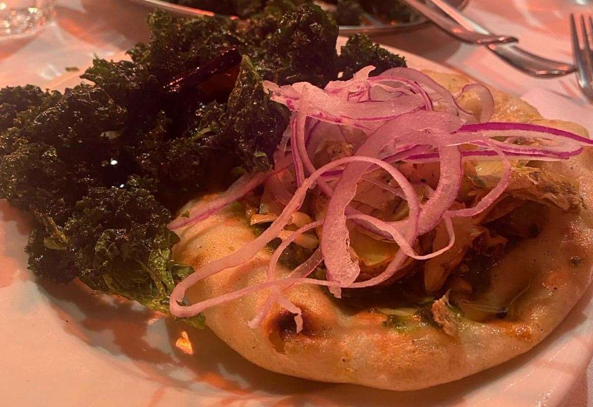 The achari artichoke flatbreads with crispy kale and aubergine salad was one of the best Indian dishes our reviewer said he'd ever had