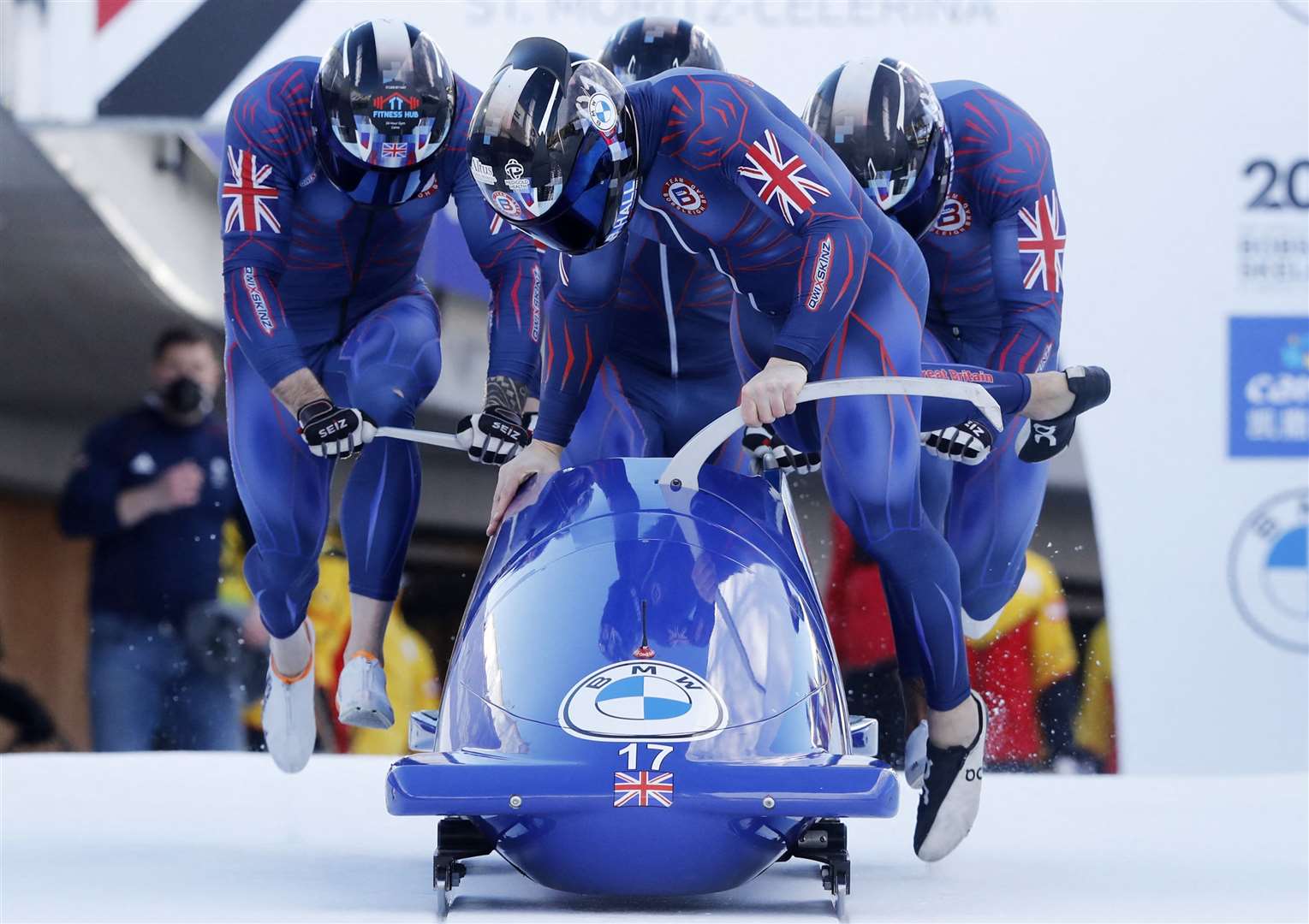 Kent's Taylor Lawrence in four-man bobsleigh action for Great Britain. Picture: REUTERS/Arnd Wiegmann