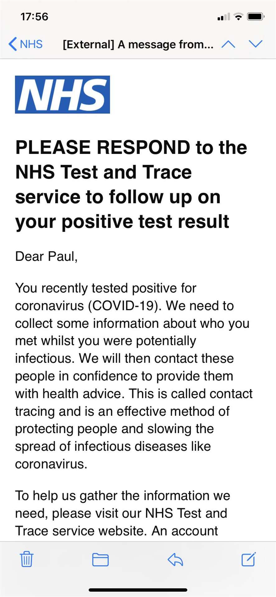 A message from NHS Test and Trace (Test and Trace service/PA)