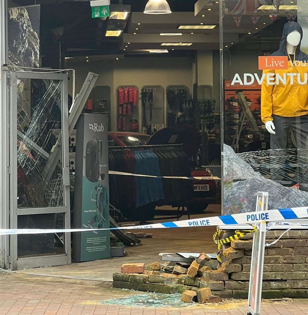 Three people have been injured after a car crashed into Blacks outdoor shop in Tunbridge Wells. Photo: Nadine Kayyali