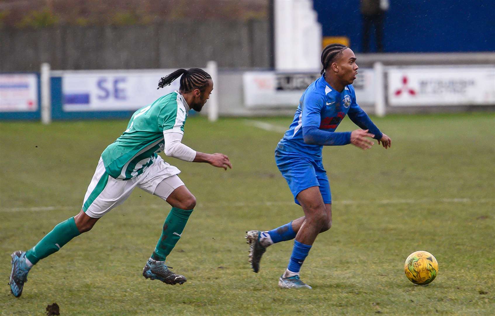 Tushaun-Tyrese Walters, pictured on the right in 2020, is back on loan at Herne Bay from Maidstone and scored in their midweek win over Lewes. Picture: Alan Langley