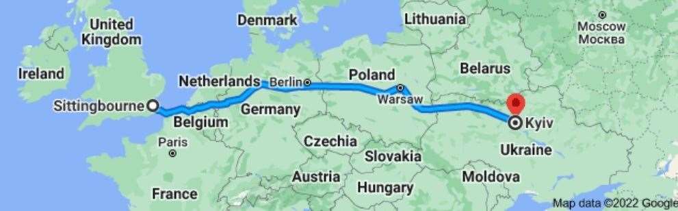 1,500 miles from Kent to Ukraine. Map: Google